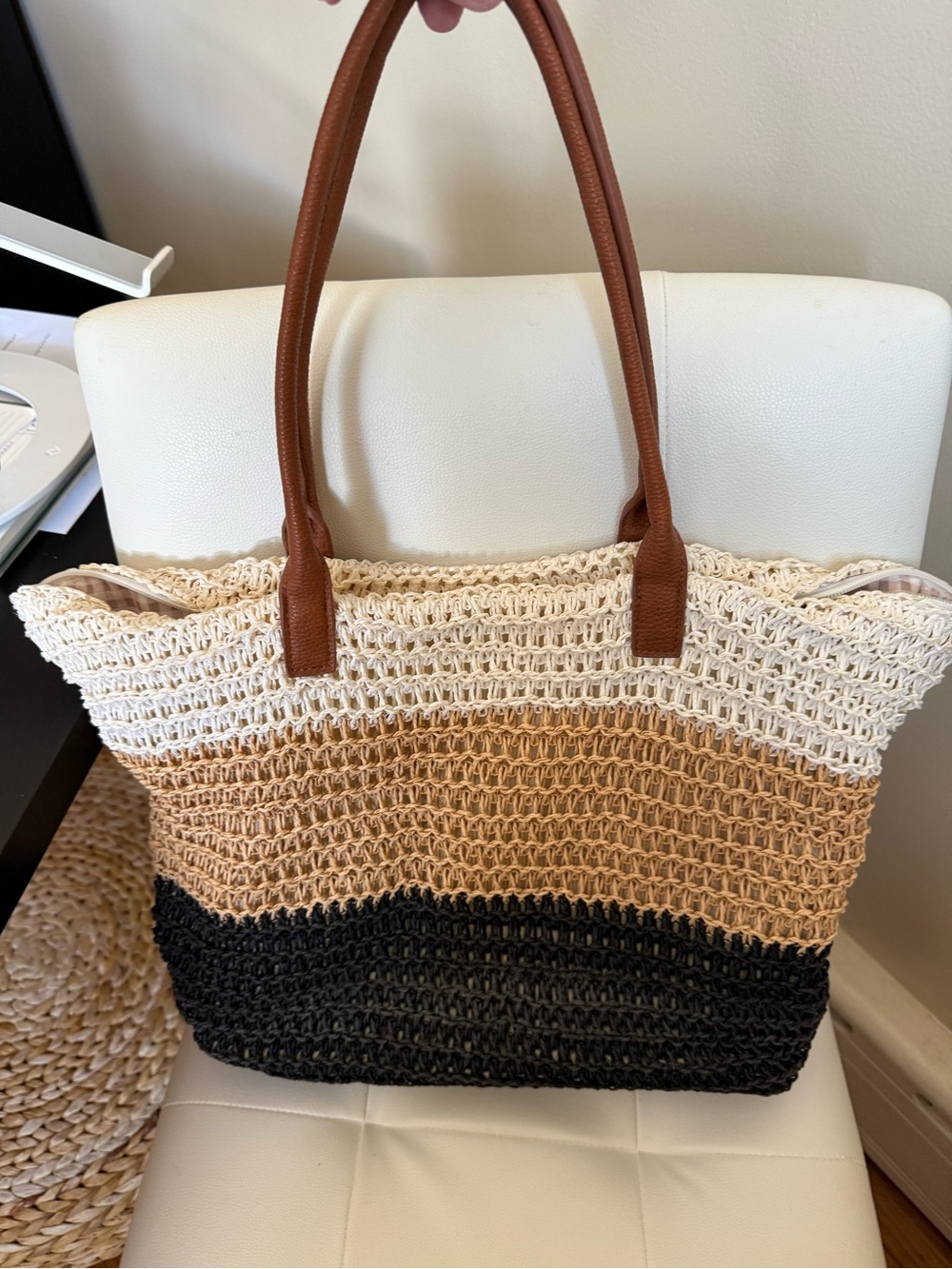 Neutral Straw Tote Bag with Brown Handles